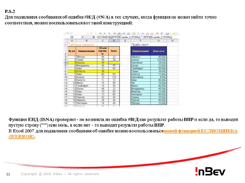 Функция ЕНД (ISNA) проверяет - не возникла ли ошибка #Н/Д как результат работы ВПР